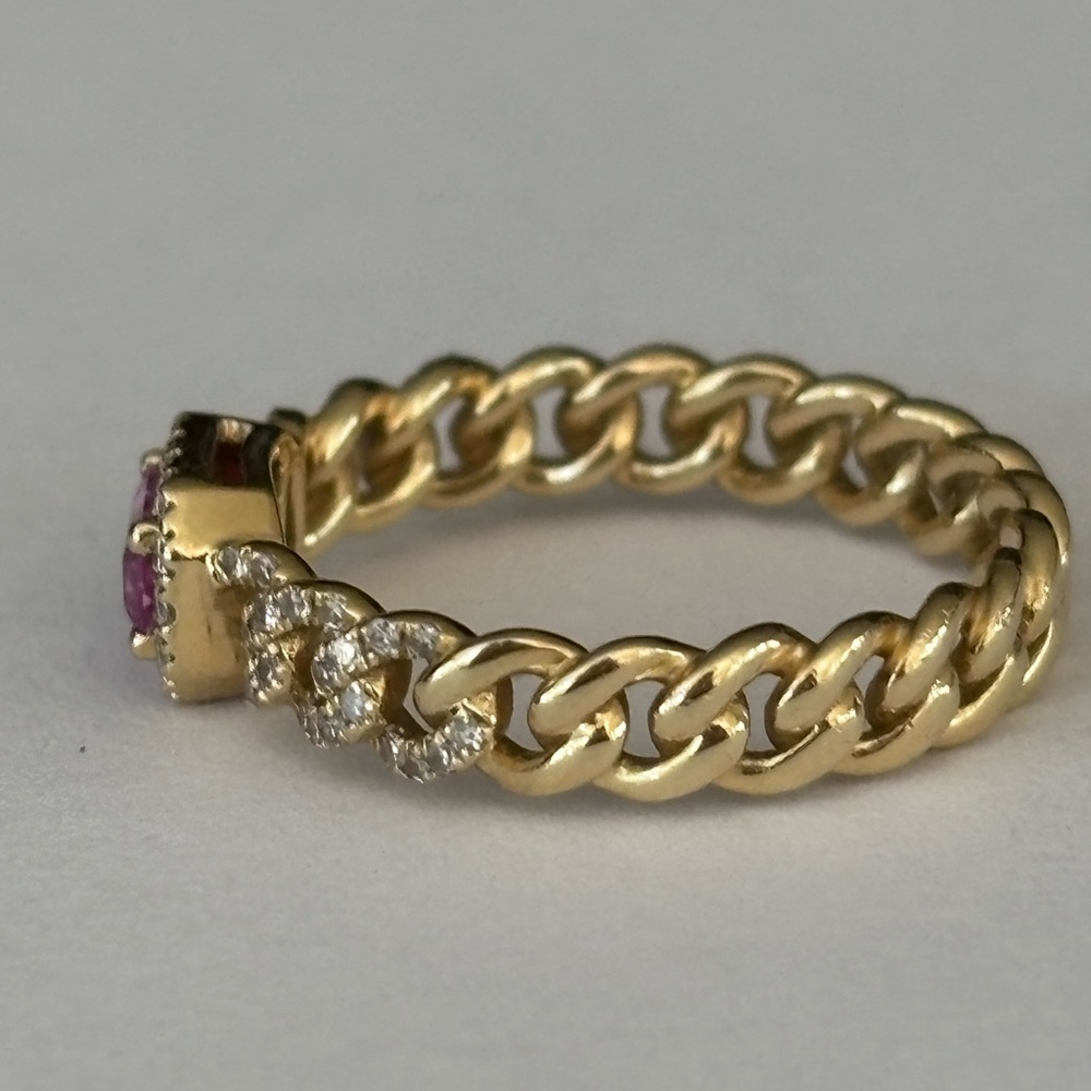 14 KT Gold Chain-Link Ring with Pink Emerald-Cut Sapphire Diamond Halo 6.5 - Picture 6 of 8